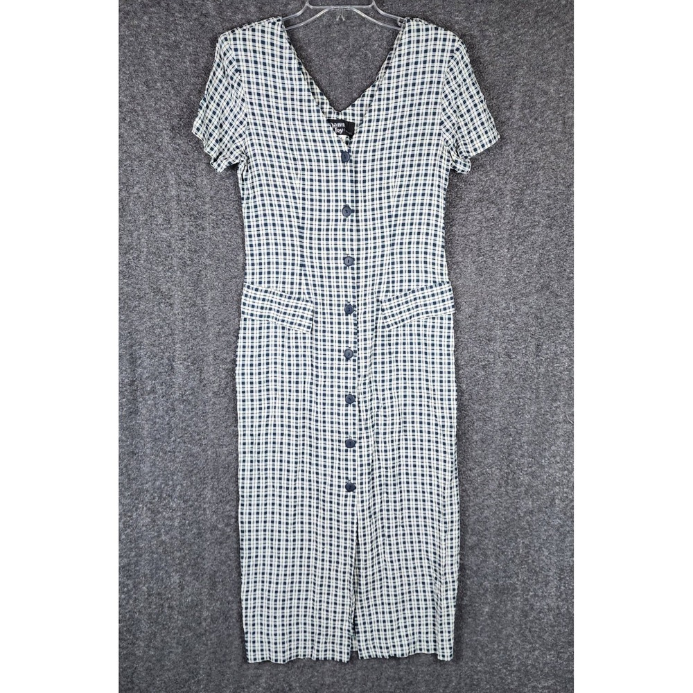 Dawn Joy Dress Womens 7-8 Vintage 4843 Navy Blue Gingham Button Front EUC
